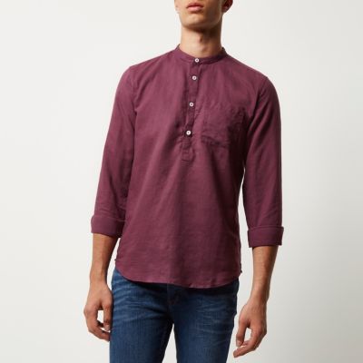 Dark red linen-rich grandad collar shirt
